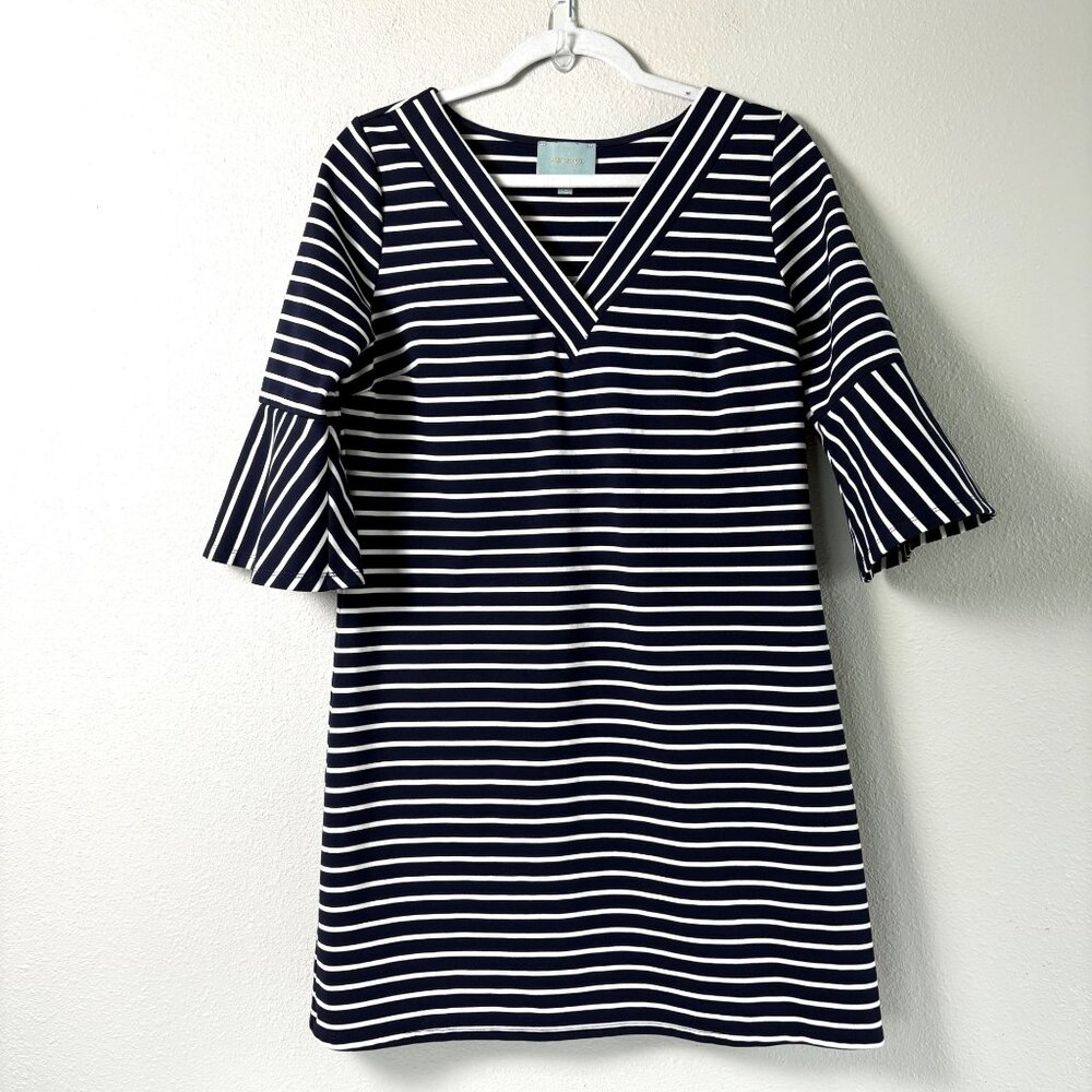 SKies Are Blue Dress Size M Blue White Striped Bell Sleeve V Neck Shift Nautical